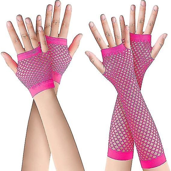 2 par med lange og korte fiskenett-hansker (rosa) Fingerless fiskenett-hansker Mesh-hansker 80-talls fiskenett-hansker Hansker for 80-talls fancy dress-tilbehør