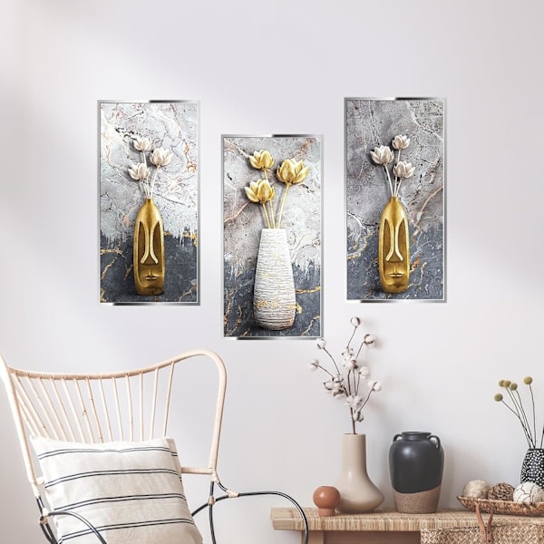 3D Vas Lotus Väggdekaler, Ramlös Självhäftande Väggkonst Dekor Set om 3, 3D Vinyl Väggkonst Dekal Heminredning Vägg