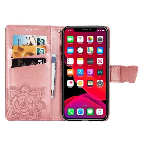 iPhone 12 Mini Pung Etui PU-Læder 4-RUM Motiv Sommerfugl Rosenguld