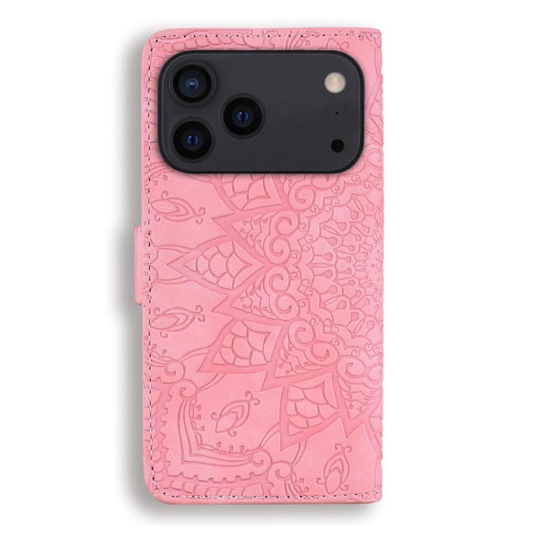 iPhone 17 Pro Max Case Leather Case - Mandala Embossed Double Fold Calfskin Rosa