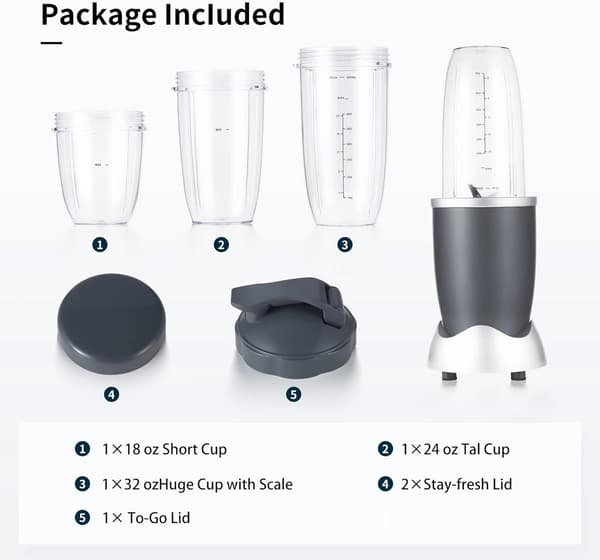 Blenderudstyr passer til NutriBullet, erstatningskopper: Kort (532 ml), Høj (710 ml), Kolossal (946 ml) med låg