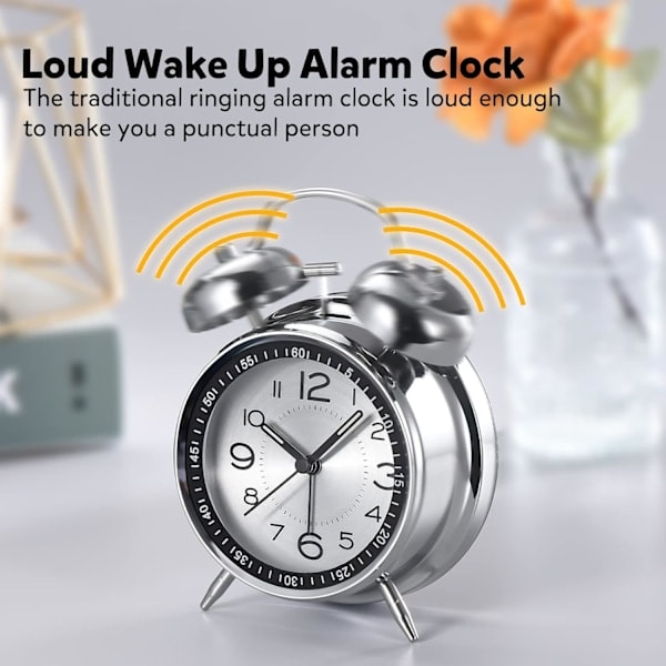 Loud Alarm Clock for Heavy Sleepers Adults, Retro 4 Inch Silent Non-Ticking Quartz with Backlight, Twin Bell Analog Kids Alarm Clocks