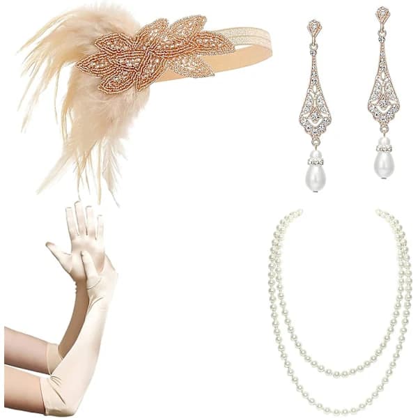 1920'er Flapper Tilbehør Gatsby Kostume Tilbehør Sæt 20'er Flapper Pandebånd Perlehalskæde Handsker Plastholder[co]