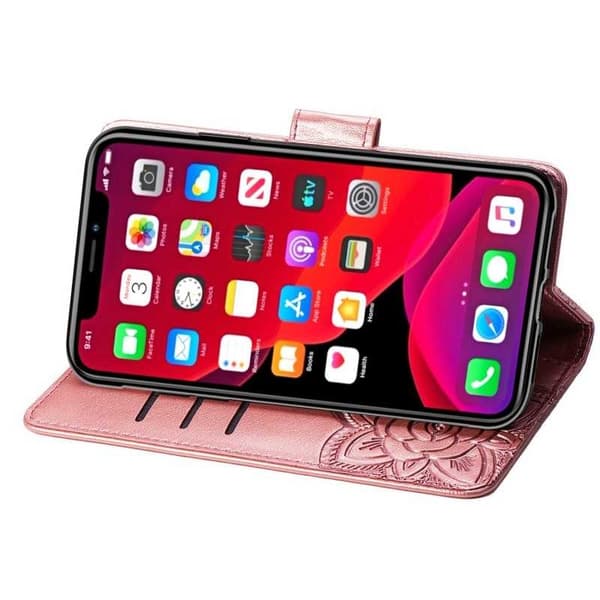 iPhone 12 / 12 Pro Pung Etui PU-Læder 4-RUM Motiv Sommerfugl Rosenguld