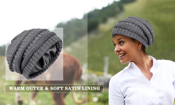 Strikket vinterlue for kvinner, varm slouchy skihue med satengfôr, mørkegrå, 52-60 cm
