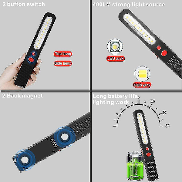 Oppladbar LED arbeidslampe, 2 i 1 dobbeltfarget kombinasjonslys inspeksjonslys og LED lommelykt med dobbel magnet for auto garasje verksted cam
