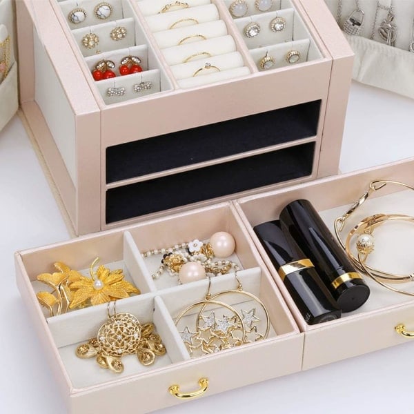 Smykkeskrin Organizer Tre Lag PU Læder Smykkeskrin til Ringe Øreringe Halskæder Armbånd Kunstlæder (nude rosa)
