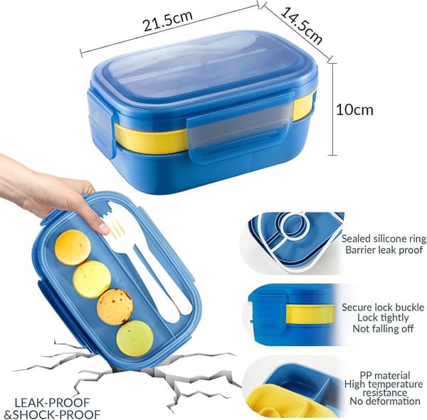 3-lags stablebar Bento matboks, 1900 ml PP+PE lekkasjesikker med bestikk, for voksne og barn, blå og gul