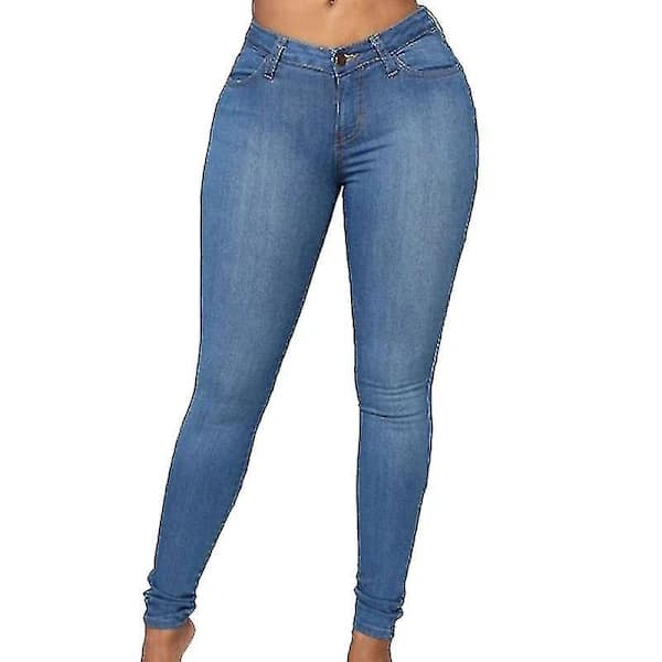 Högmidjade blå stretchiga stuprörsjeans för kvinnor[CO]