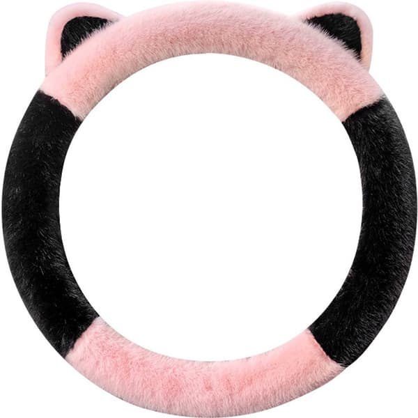 Vinterrattrekk, plysjfleece, elastisk katteøredesign, for kvinner, vinterbilinteriør, rosa og svart, 37 til 38 cm