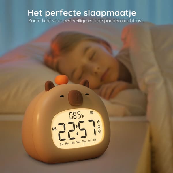 Digitalt vækkeur til børn, kapivar søvntræner med dæmpbart natlys, snooze og USB-C genopladeligt, til drenge og piger