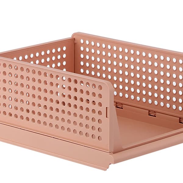 Stackable Storage Basket Plastic Large Open Bin Wardrobe Fabric Container for Bedroom Living Room Pink