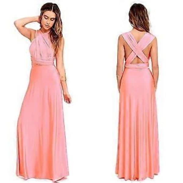 Dame Aftenkjole, Multi-Way Wrap, Brudepige, Formel, Lang Maxi, Konvertibel Kjole (S Pink)[CO]