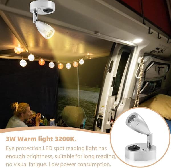 2-pack 12V LED-läslampor, 360° justerbart huvud, tryckknappsbrytare, 3W varmvit 3000K, för husbilar, husvagnar, båtar, silver