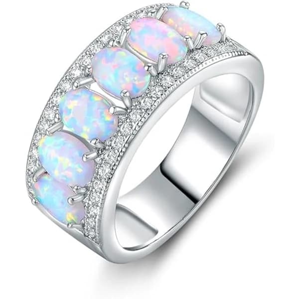 Ovalskåret skapt hvit opal & cubic zirconia ring hvitt gull 9[co]