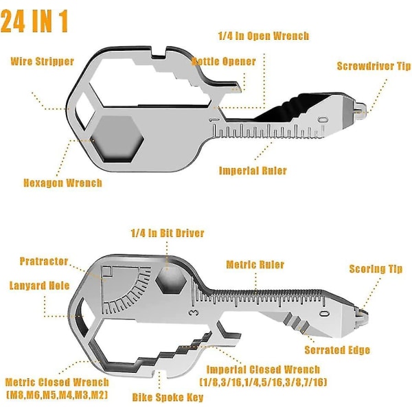 24-in-1 monitoiminen avainrengastyökalu. Kannettava ulkotyökalu ruostumattomasta teräksestä