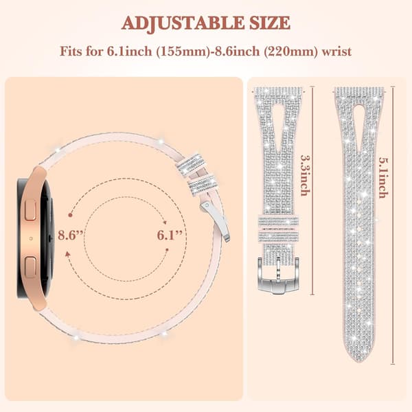 Glitter Silicone Replacement Band for Samsung Galaxy Watch 20mm, Adjustable Sparkling Straps for Women Silver