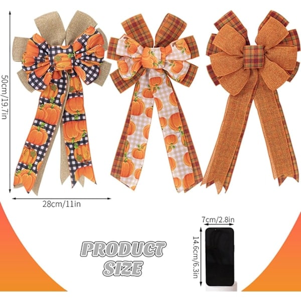 Tackgiving-rusetti koriste, syksyn rusetti seppeleelle, 3 kappaletta syksyn sadonkoristeita