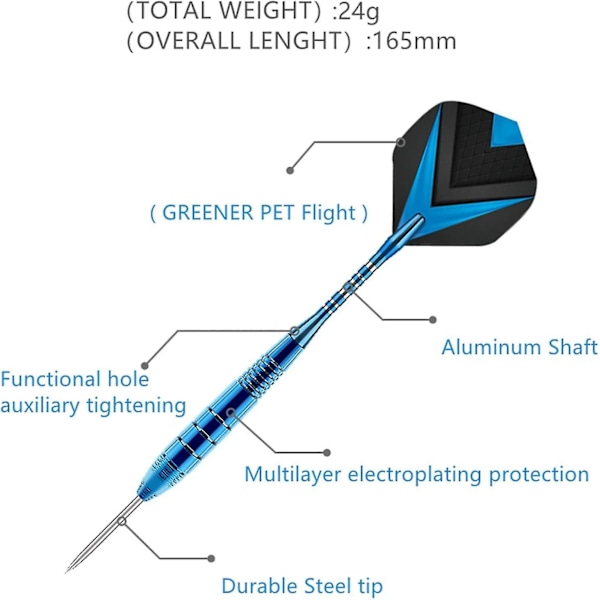 Profesjonelt aluminiumspiss dartsett - 22g metallspisser med aluminiumskaft, O-ringer og gaveetui
