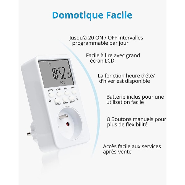 Digitaalinen ohjelmoitava pistorasia, viikoittainen sähköpistokkeen ajastin 20 ohjelmalla, 24 tunnin pistokeajastin LCD-näytöllä, energiansäästö kotiin