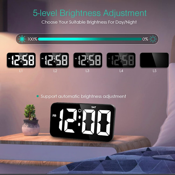 Digital väggklocka, 25 cm stor LED-digital väckarklocka, 10 cm siffra, sommartid kalenderklocka, väckarklocka, 5 ljusstyrkenivåer.