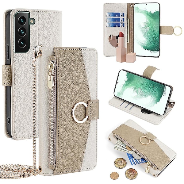 Samsung Galaxy S22+ 5G Vetoketjutasku PU-nahkainen Olkalaukku Puhelinkotelo Lompakko -[HK] White Style D Samsung Galaxy S22+ 5G