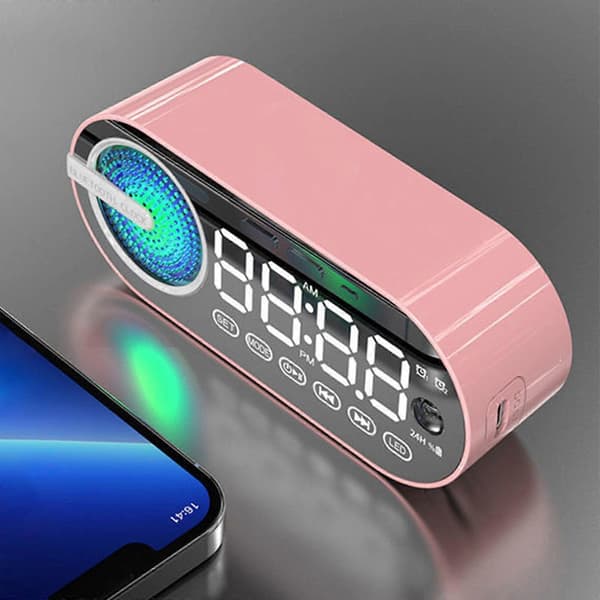 Väckarklocka för barn med stor LED-display, atomisk tidssynkronisering, Bluetooth-högtalare – kompatibel med iOS/Android[YJD] Pink