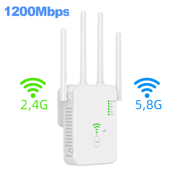 Trådløs WiFi Link 1200Mbps WiFi Repeater Signalforstærker Dobbelt-bånd 2.4G 5G WiFi Udvider 802.11ac Gigabit WiFi med WPS Router Netværksantenne 2.4G 300Mbps White EU Plug