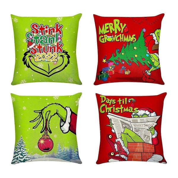 Festive 18x18\" Grinch julepudebetræk sæt med 4 - Holdbare, maskinvaskbare, perfekt julepynt![YJD]