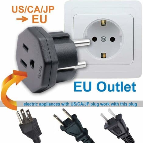 US/JP/CA hanstik til EU/DE/FR/IT/ES hunstik, US/CA/JP hanstik til elektroniske enheder, 2-benet EU hunadapter (3 stk., sort) [YJD]