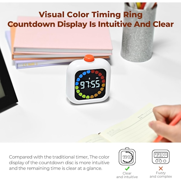 Visuell Timer, 99 Minuter Digital Laddningsbar Timer med 3 Lägen, LCD Färgdisplay Bakgrundsbelysning Rotationstimer - Vit [kk]