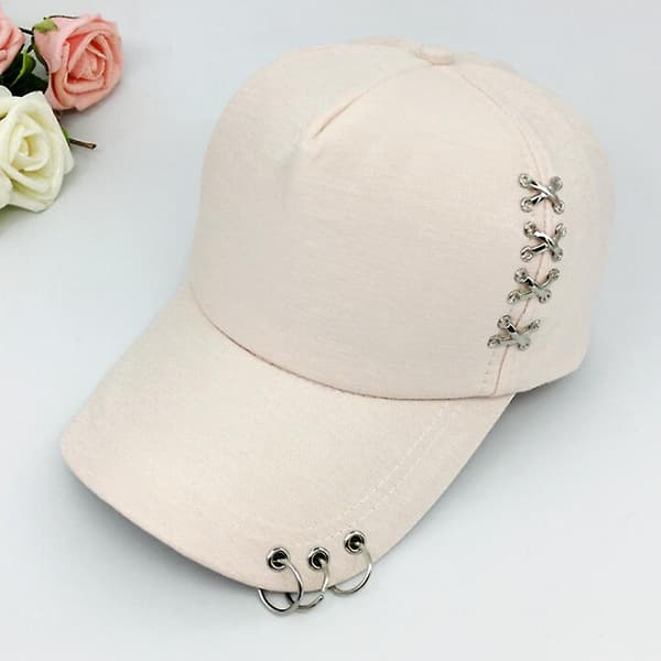 Kpop Hat Piercing Ring Baseball Justerbar Kasket Hip Hop Snapback Kasket Mode[YJD] Beige 1pc