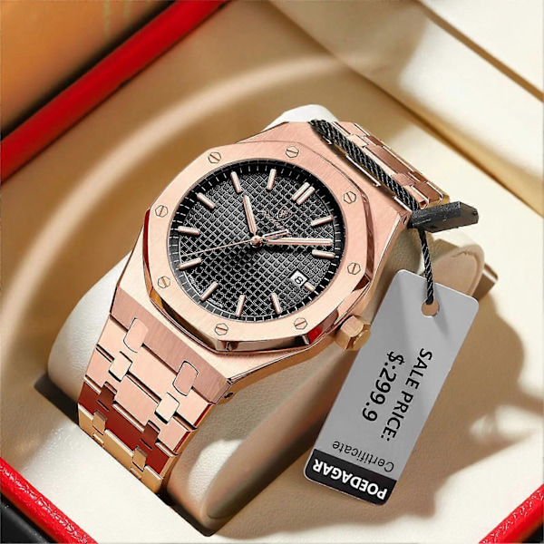 \"Lyxig Affärsklocka för Män Sport Rostfritt Stål Herrklocka Vattentät Lysande Datum Herrklockor Quartz Klocka reloj\"[HK] Rose Gold Black