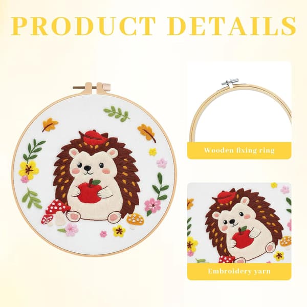 Louise Maelys Embroidery Kit for Beginners with Hedgehog Pattern - DIY Cross Stitch Kit with Pre-printed Fabric, Hoop, Threads and Needles - Pre-printed [YJD]