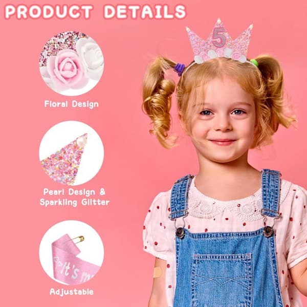Flickas födelsedagspannband prinsessblomkrona, rosa paljetthalsduk present ingen (YJD)