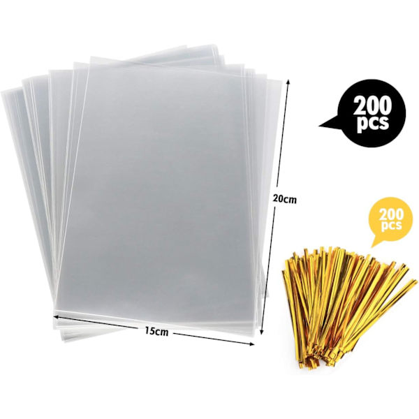200 stk Klart Plastpose OPP-pose 15x20cm Cellofan Godteripose Transparent Gavepose med Twist-bånd 10cm for