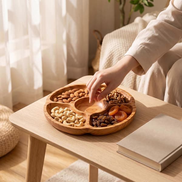 Rundt snackfat i trä med fack, 5-delat [YJD]
