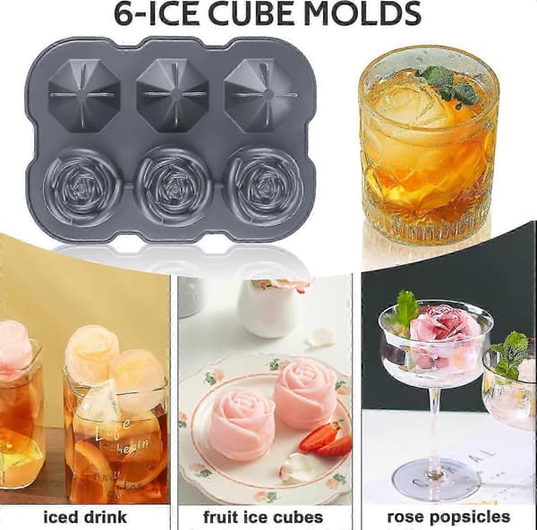 Isbitsform, 2 tums ros-isbitsformar med lock, 3-håls silikon ros-isform 3 diamant-isbollsmaskin, grå[YJD]