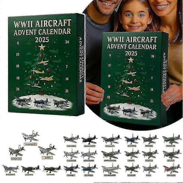 2026 Julekalender, 24 Unike 2D WWII Flyornamenter for Juletrepynt