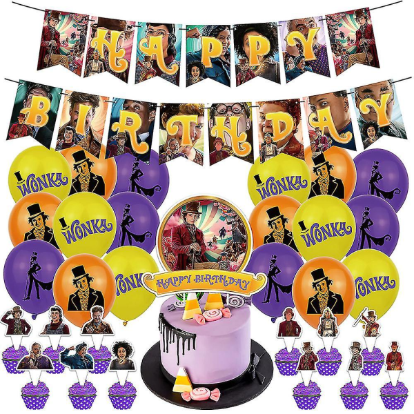 2023 Wonka Chocolate Factory Film Födelsedagsfest Set Uppdrag tårta Flagga Latexballonger 12-27