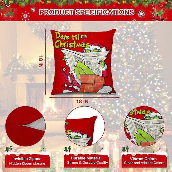 Festive 18x18\" Grinch julepudebetræk sæt med 4 - Holdbare, maskinvaskbare, perfekt julepynt![YJD]