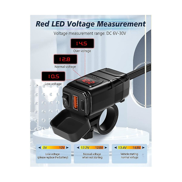 Motorcykeltelefonladdare, Dubbel USB Typ C PD & Snabbladdning 3.0 Motorcykel USB-laddare med Voltmeter