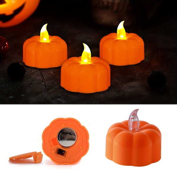 12 stk Levende Orange Mini Gresskar LED-telys - Batteridrevet, Flammeløs, Varmt Hvitt Glød, Dekorative Lys for Halloween, Thanksgiving (YJD) 12pcs