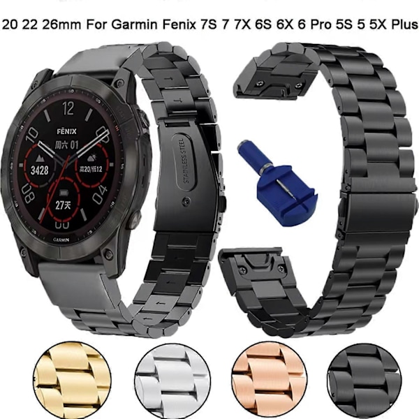 For Garmin Fenix 7X/7X Pro/6X Quickfit 26mm Rustfritt Stål Rem 3 Perler Klokkebånd -[HK] Black Multicolor