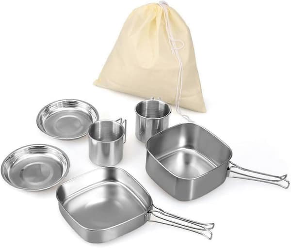Campingkök, bärbart set med 6 delar för matlagning utomhus, kastruller, tallrikar och muggar för backpacking, camping och vandring [YJD]