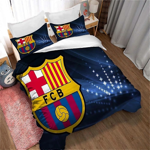 FC Barcelona Fotbollsängkläder Set Bekvämt Täcke Överdrag Pojke Flicka 3-Delar Vit Svart Sängkläder Set Mikrofiber Kuddfodral )_v (YJD) King220x240cm