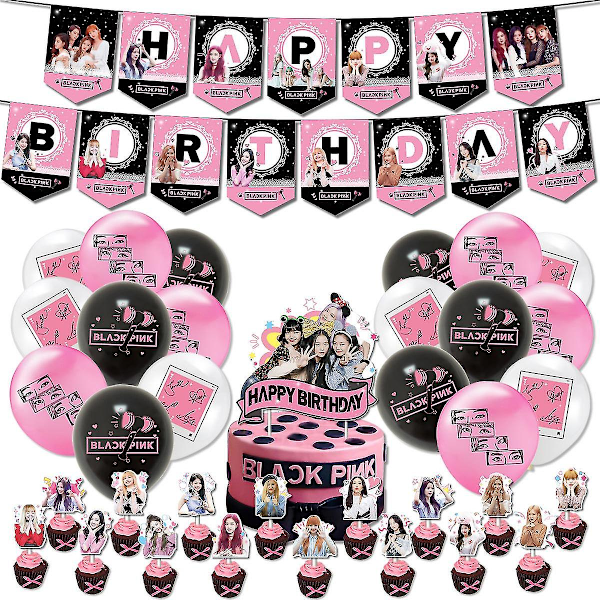 Blackpink Festtillbehör för Fans Fester Dekorationer - 1 Blackpink Festbanner 18 Blackpink Festballonger 17 Blackpink Tårta Topper [kk] Set A
