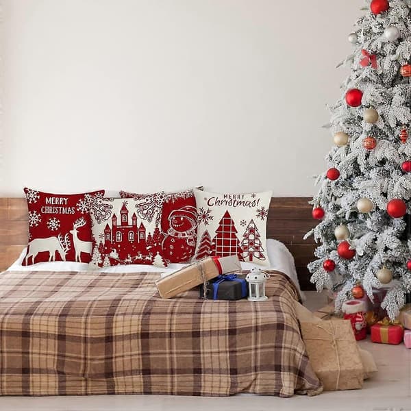 Julepudebetræk 45x45 cm, sæt med 4 dekorative julepudebetræk til sofa i bomuld og hør til sofa, seng og soveværelse - Julepynt [YJD]