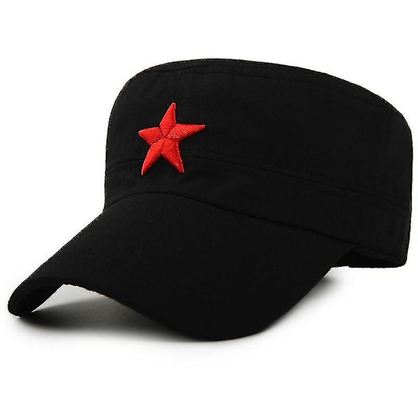 Militærcaps med rød stjernebroderi, militærhatt, armygrønn flathatt for menn og kvinner, vintage bein, mannlig og kvinnelig army solhatt (YJD) Black