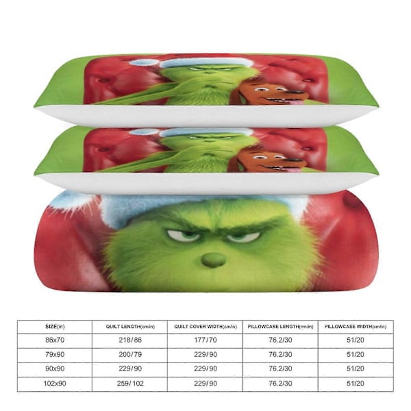 Grinch Sängkläder Set Täcke Överdrag Bekvämt och Lätt Cartoon Sängkläder 3-Delat Sängset Twin (1 Täcke Överdrag och 2 Kuddfodral) hn559_v (YJD) 135x200cm 53x78in